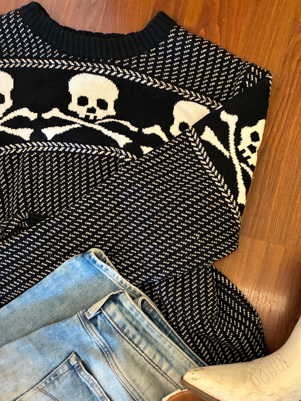 Kiel James Patrick Black & Cream Skull Crewneck Sweater